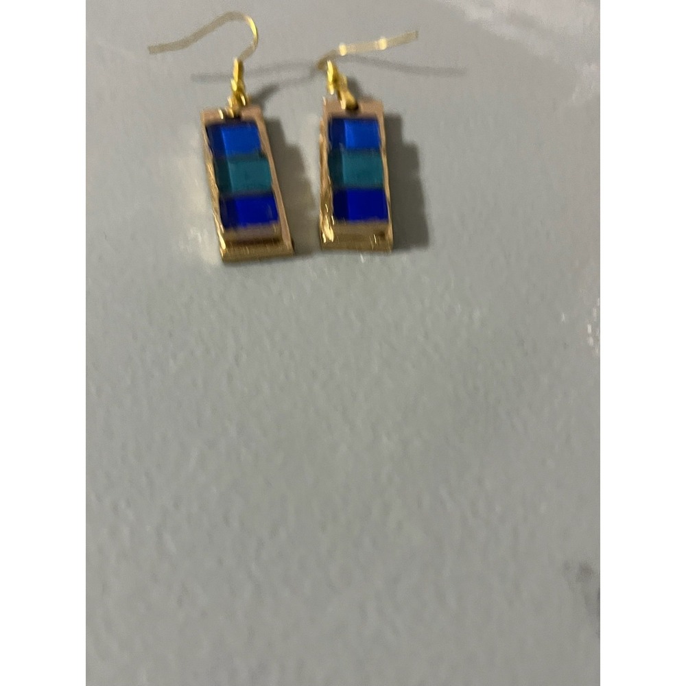 Handmade Mosaic Glass Tile Cobalt Blue Teal Gold Dangle‎ Earrings Artisan Boho - Picture 4 of 5
